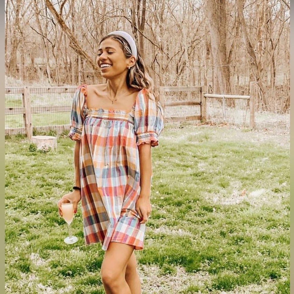 Urban Outfitters colorful plaid puff mini dress